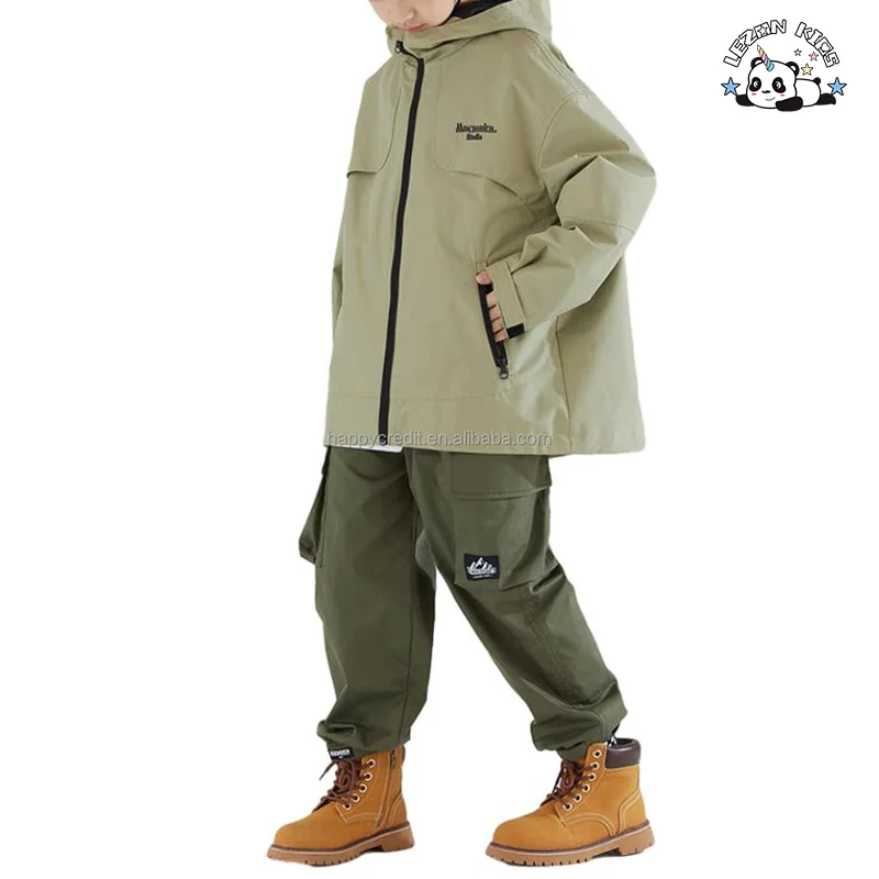 LEZONKIDS - Customizable Stylish Kids Camping Two Piece Hooded Jacket Set Children Boys Outdoor Wear Clothing Set